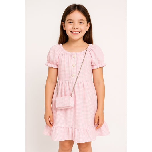 Meisjes jurk roze met knopen – schattig jurkje met ruitjes en tasje