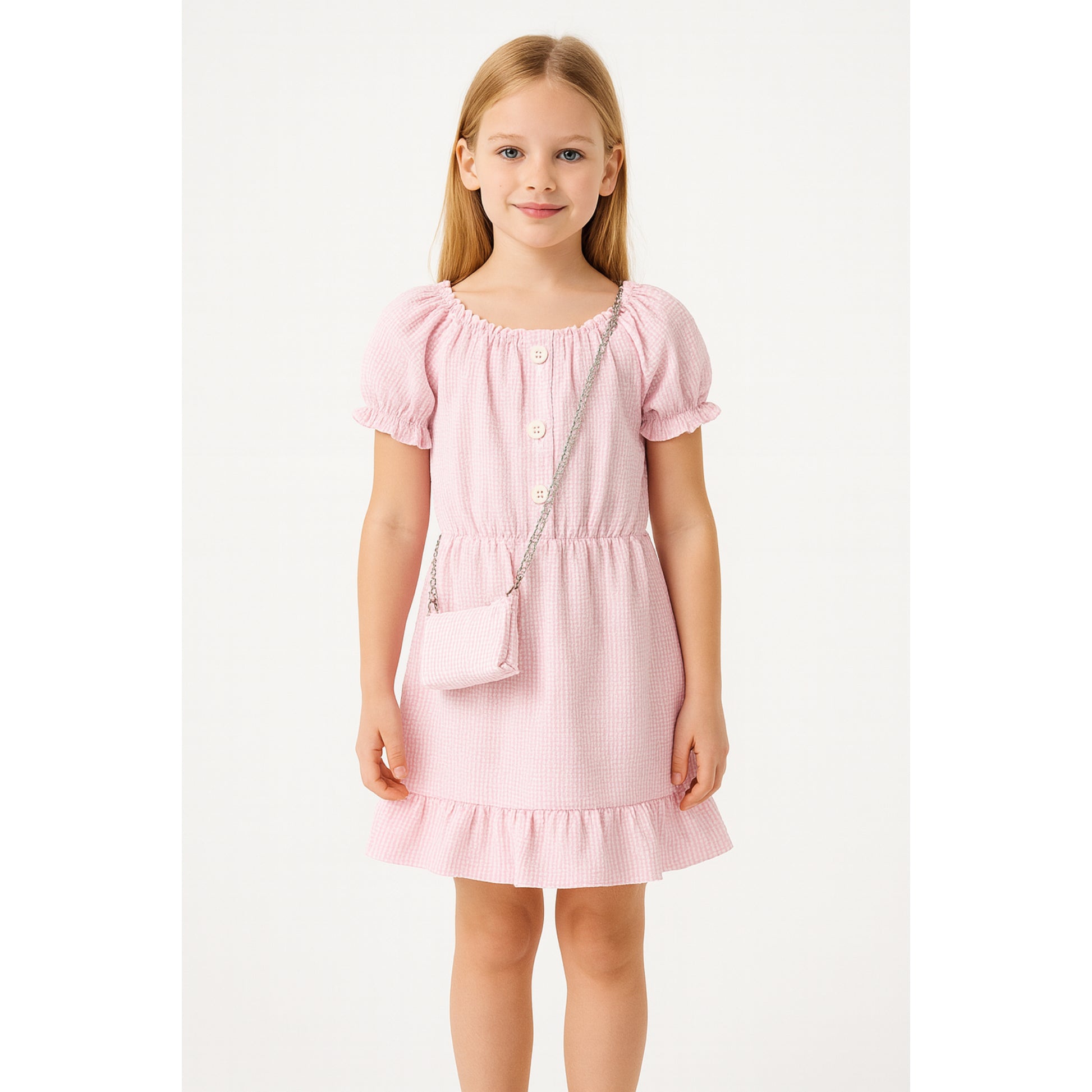 Meisjes jurk roze met knopen – schattig jurkje met ruitjes en tasje