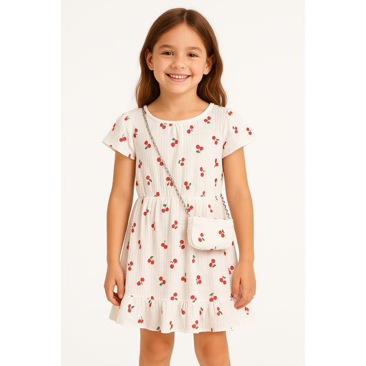 Meisjes jurk met kersenprint – witte zomerjurk met ruches