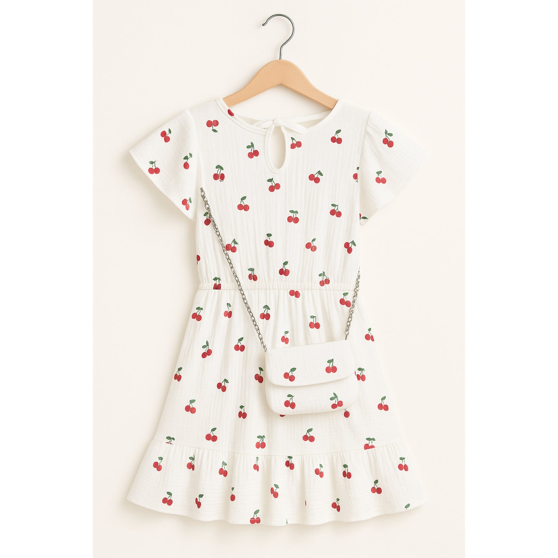 Meisjes jurk met kersenprint – witte zomerjurk met ruches