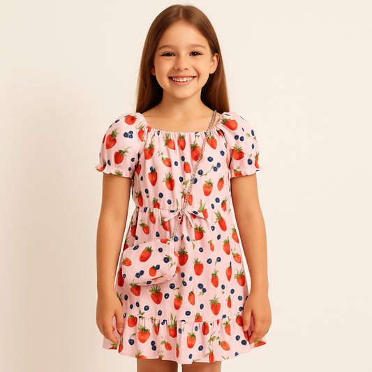 Meisjes jurk roze met aardbei en bosbes print – inclusief tasje