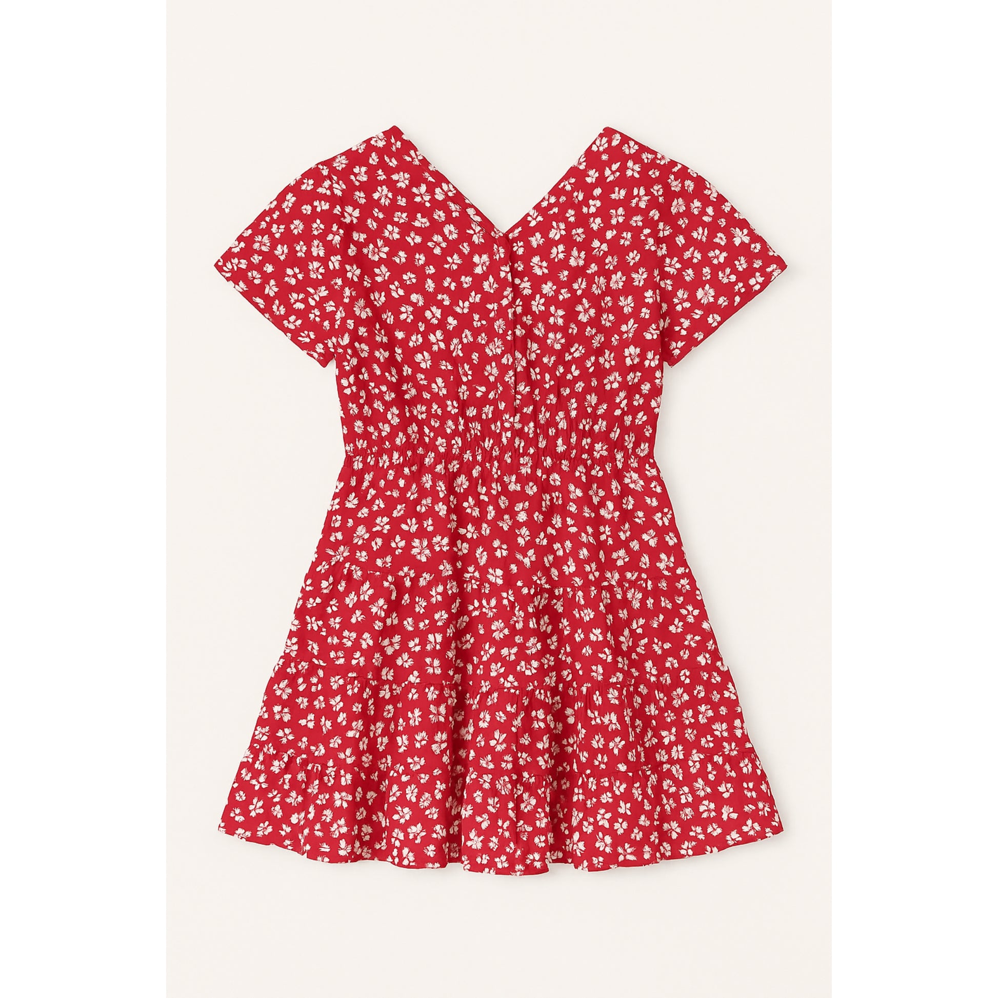 Meisjes jurk rood met witte bloemetjes – V-hals en elastische taille