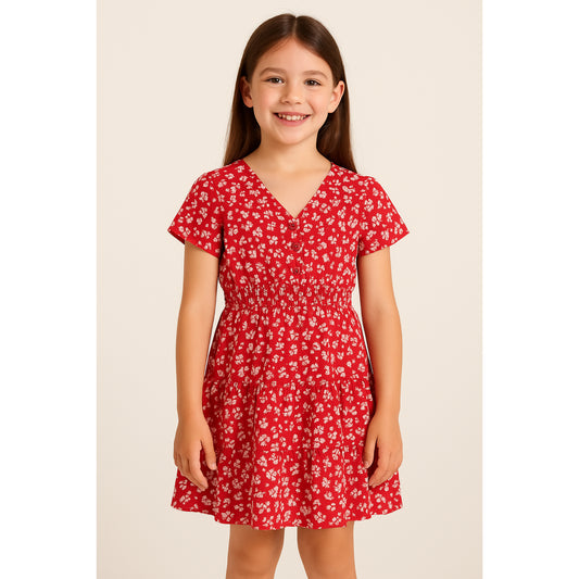 Meisjes jurk rood met witte bloemetjes – V-hals en elastische taille