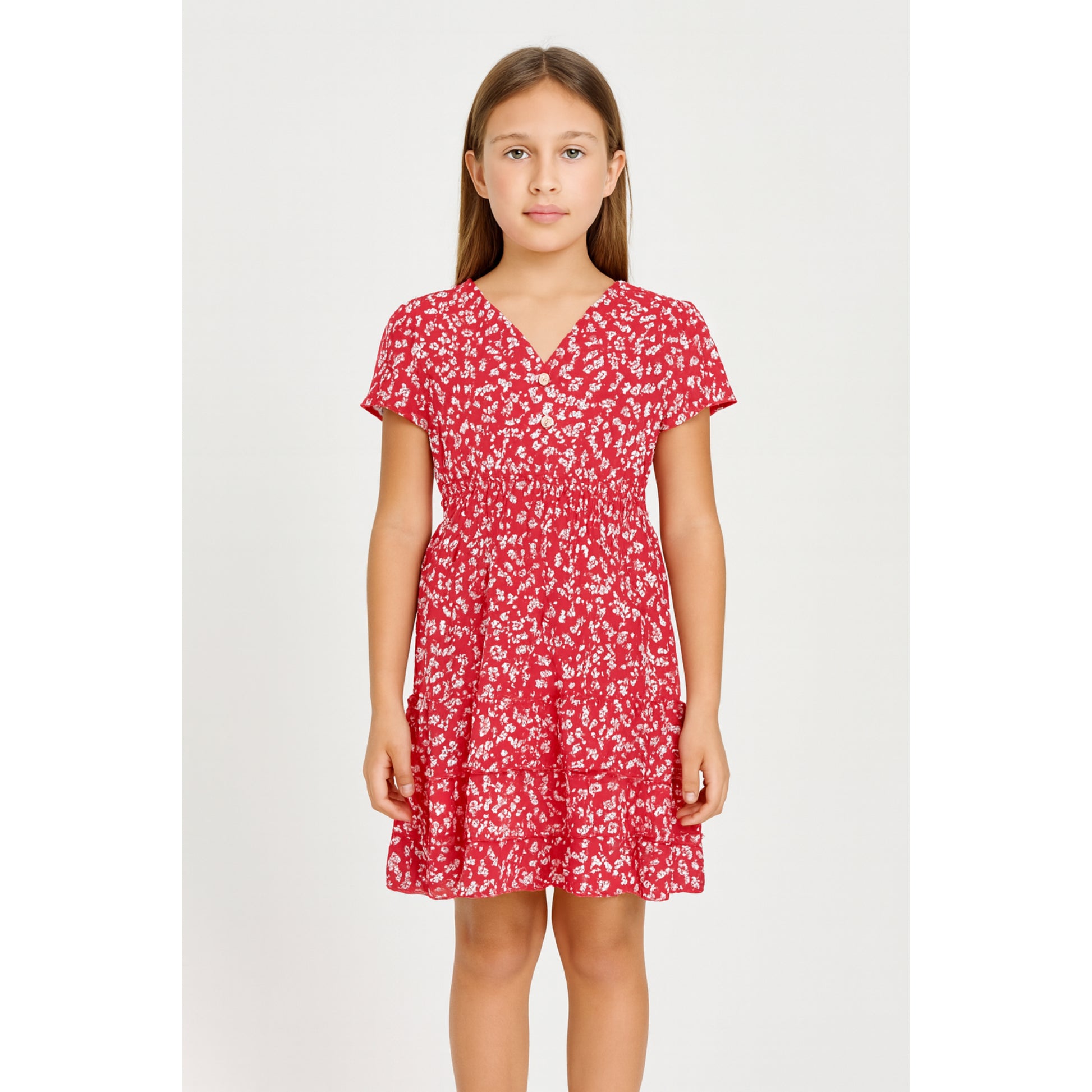 Meisjes jurk rood met witte bloemetjes – V-hals en elastische taille