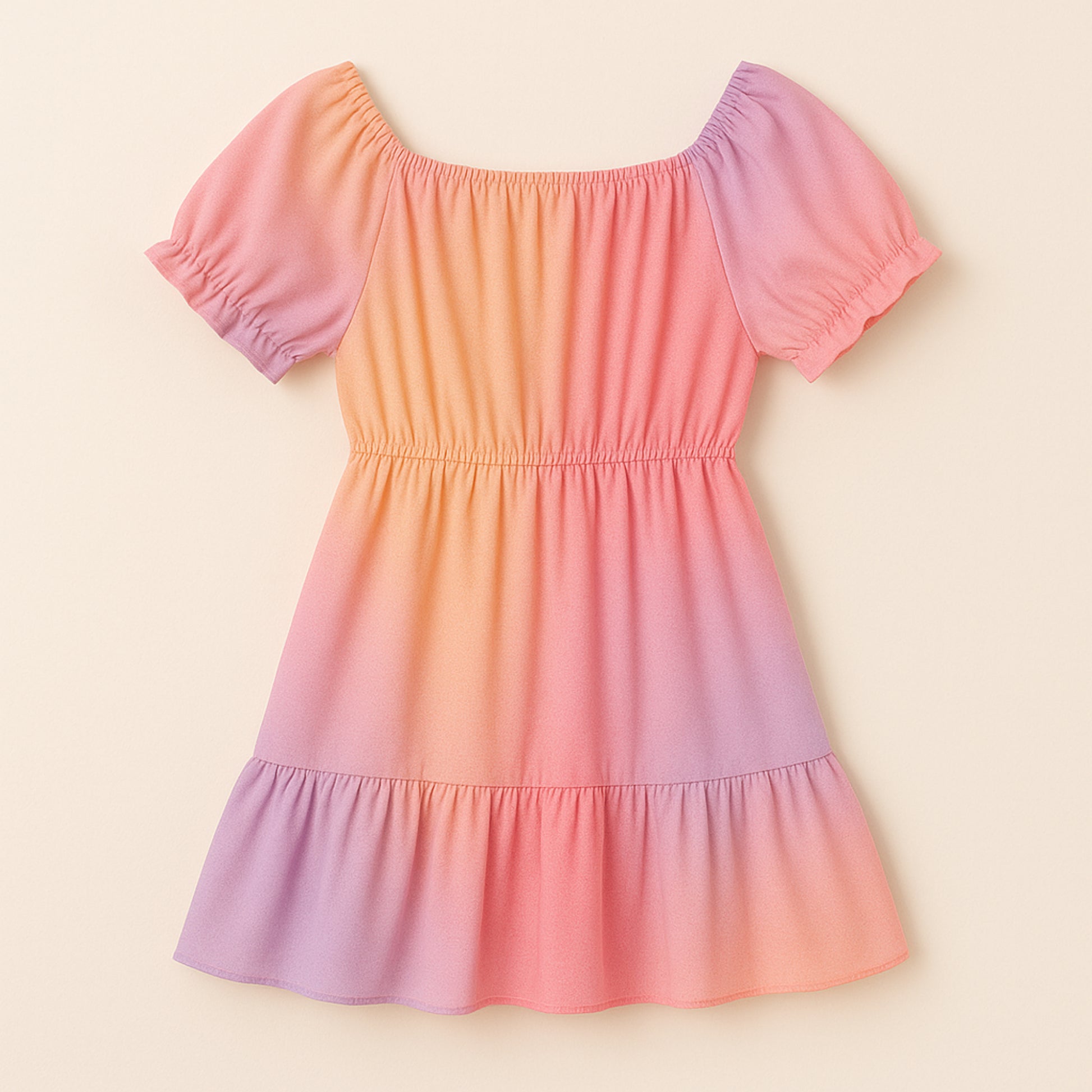 Meisjes jurk ombre – roze, oranje en paars met bijpassend tasje