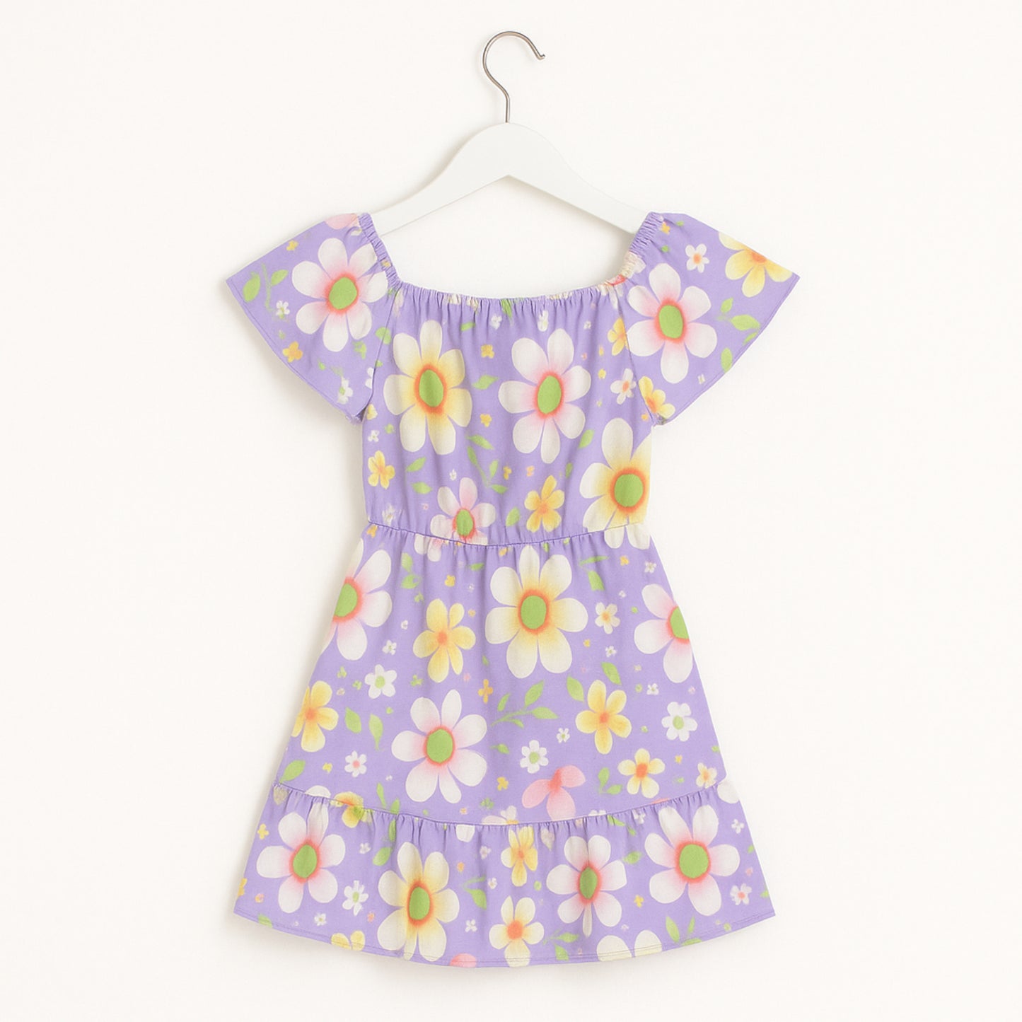 Meisjes jurk lila met bloemenprint en schattig tasje