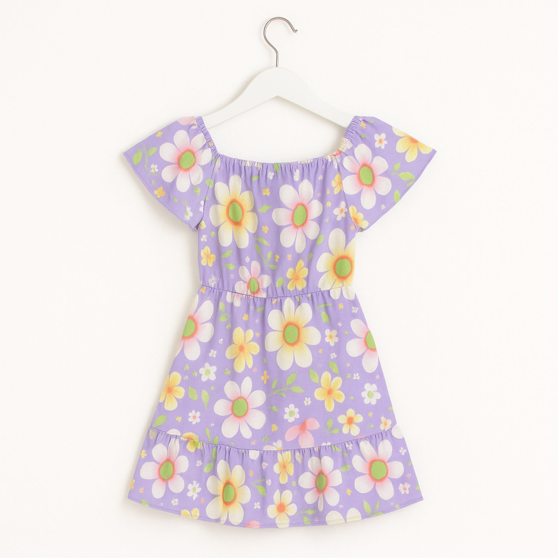 Meisjes jurk lila met bloemenprint en schattig tasje