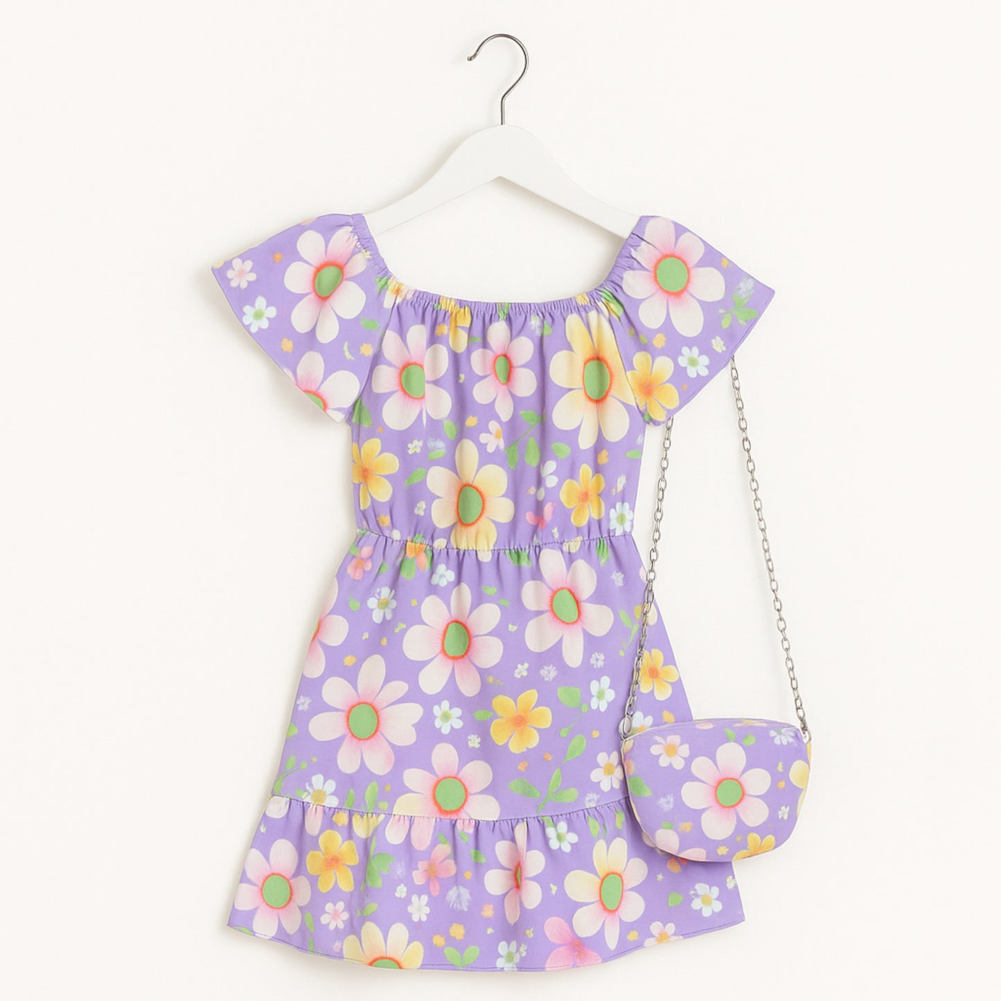 Meisjes jurk lila met bloemenprint en schattig tasje