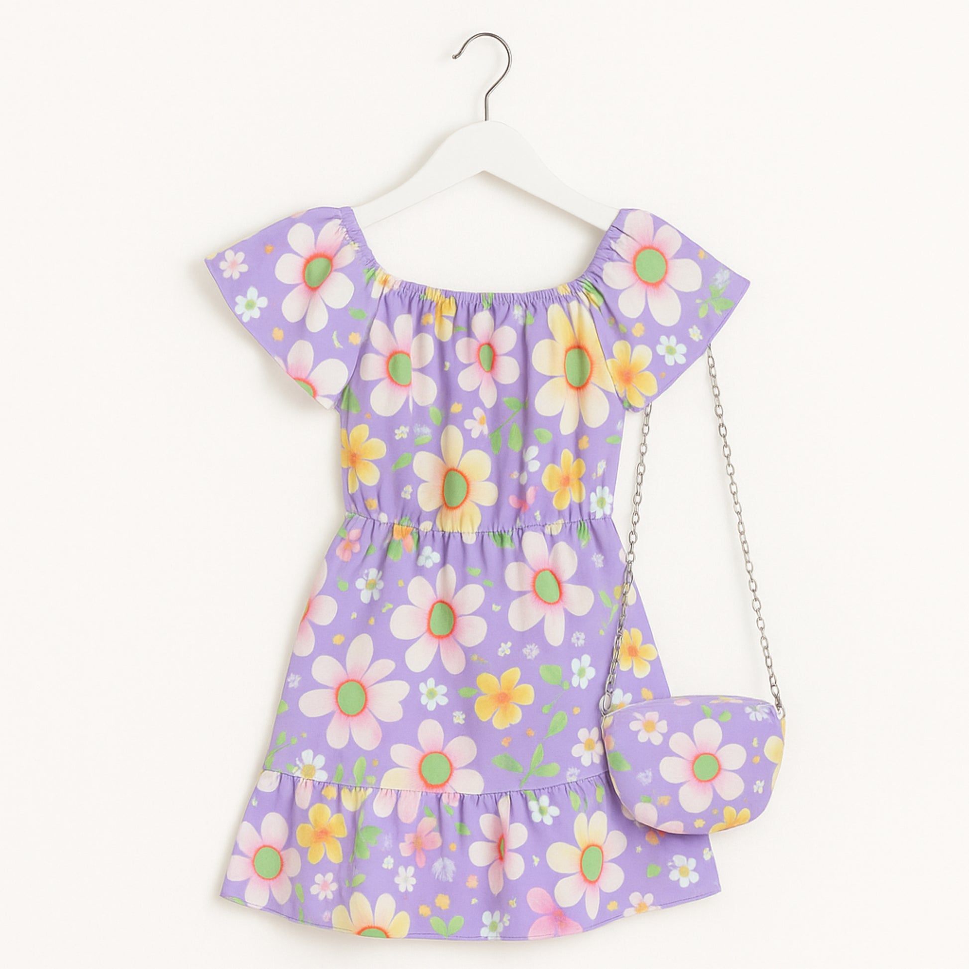 Meisjes jurk lila met bloemenprint en schattig tasje