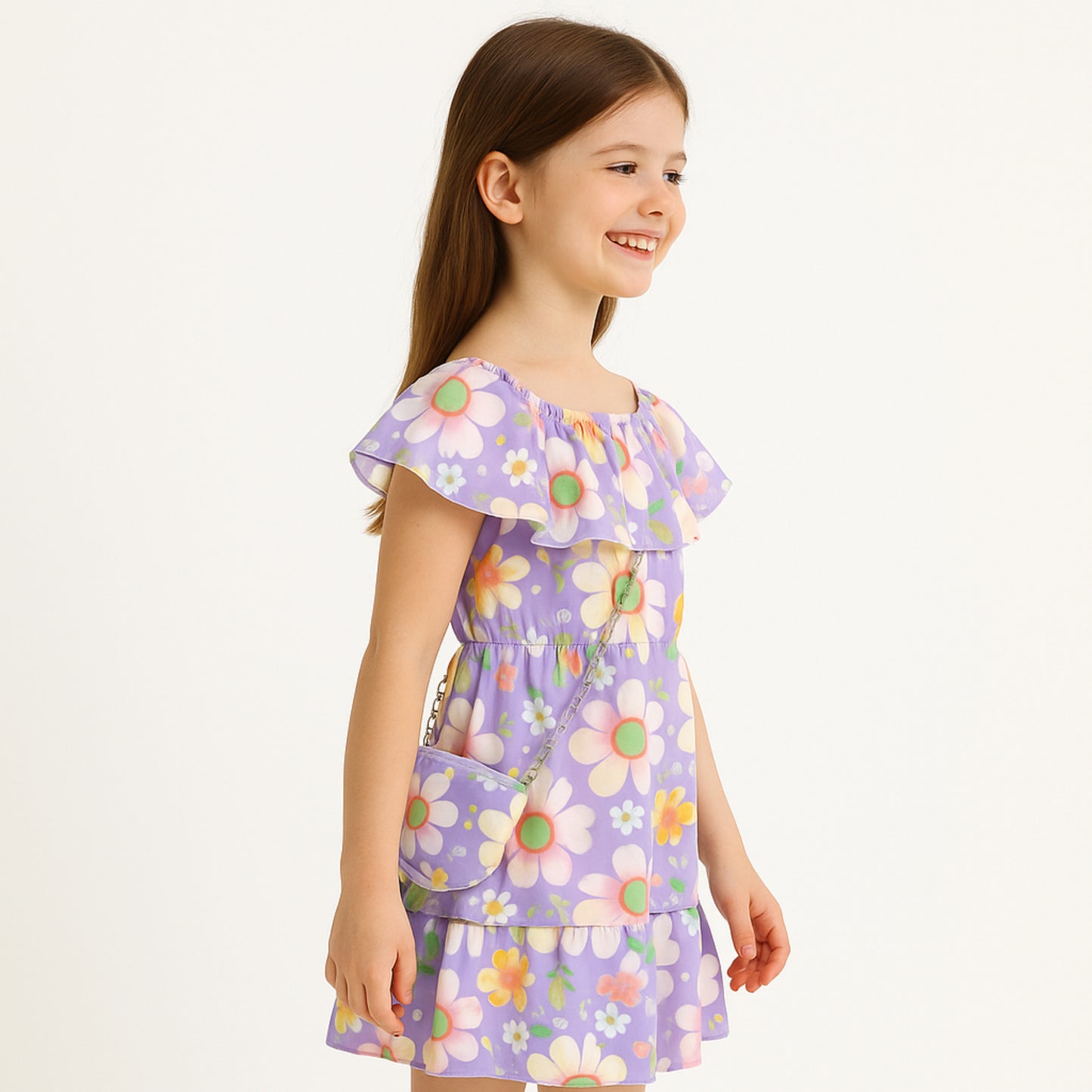 Meisjes jurk lila met bloemenprint en schattig tasje
