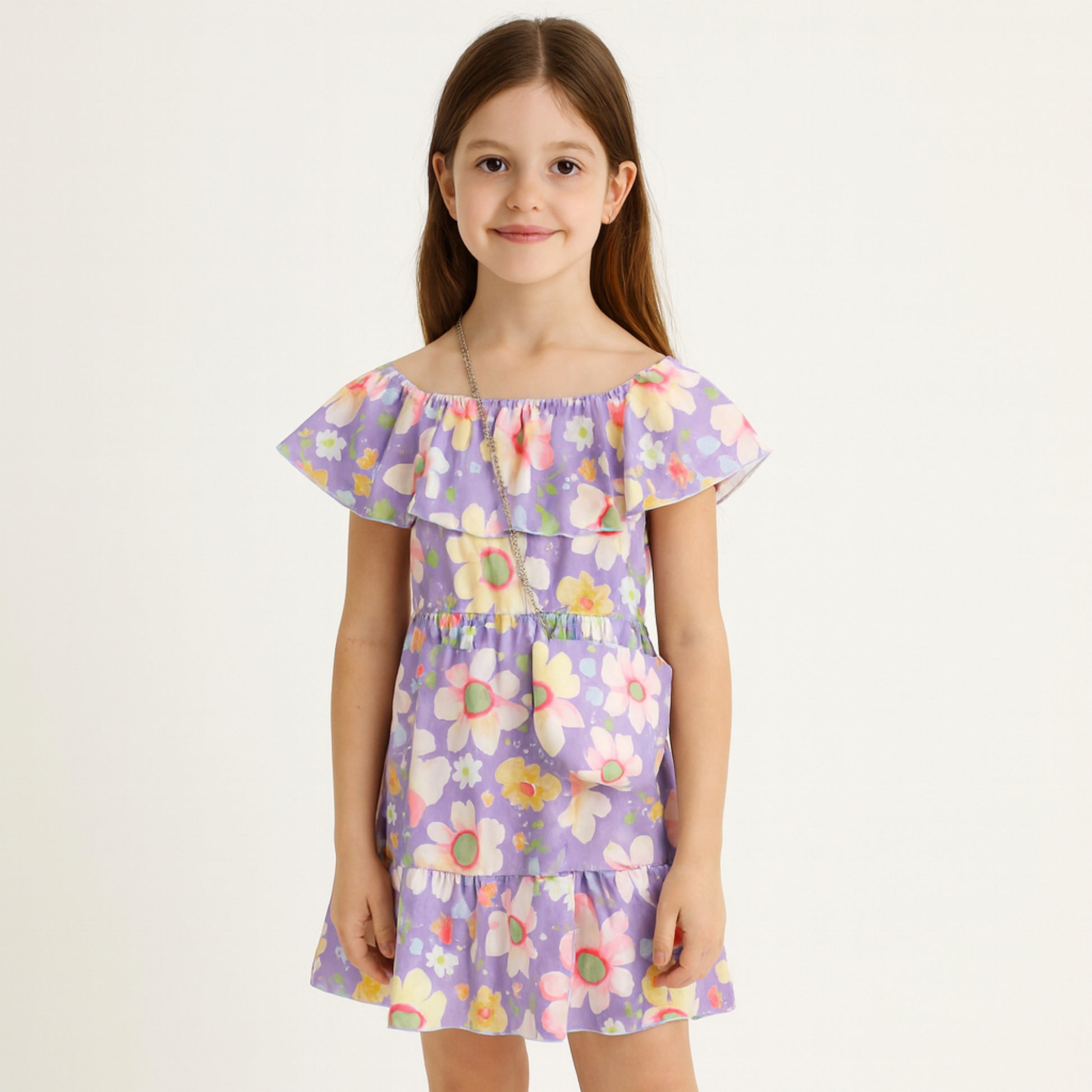 Meisjes jurk lila met bloemenprint en schattig tasje