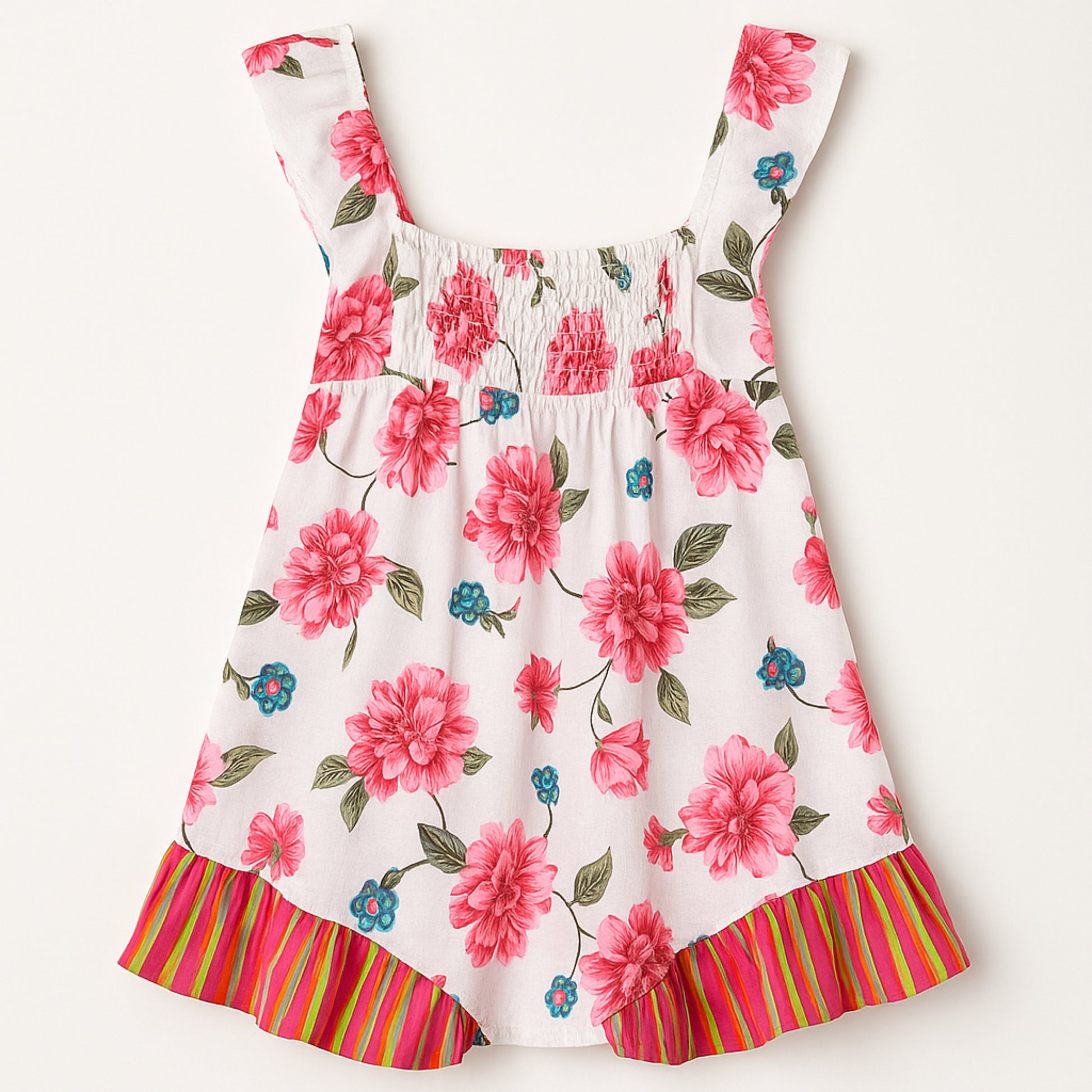Meisjes zomerjurk met bloemenprint – wit met roze bloemen en gestreepte zoom