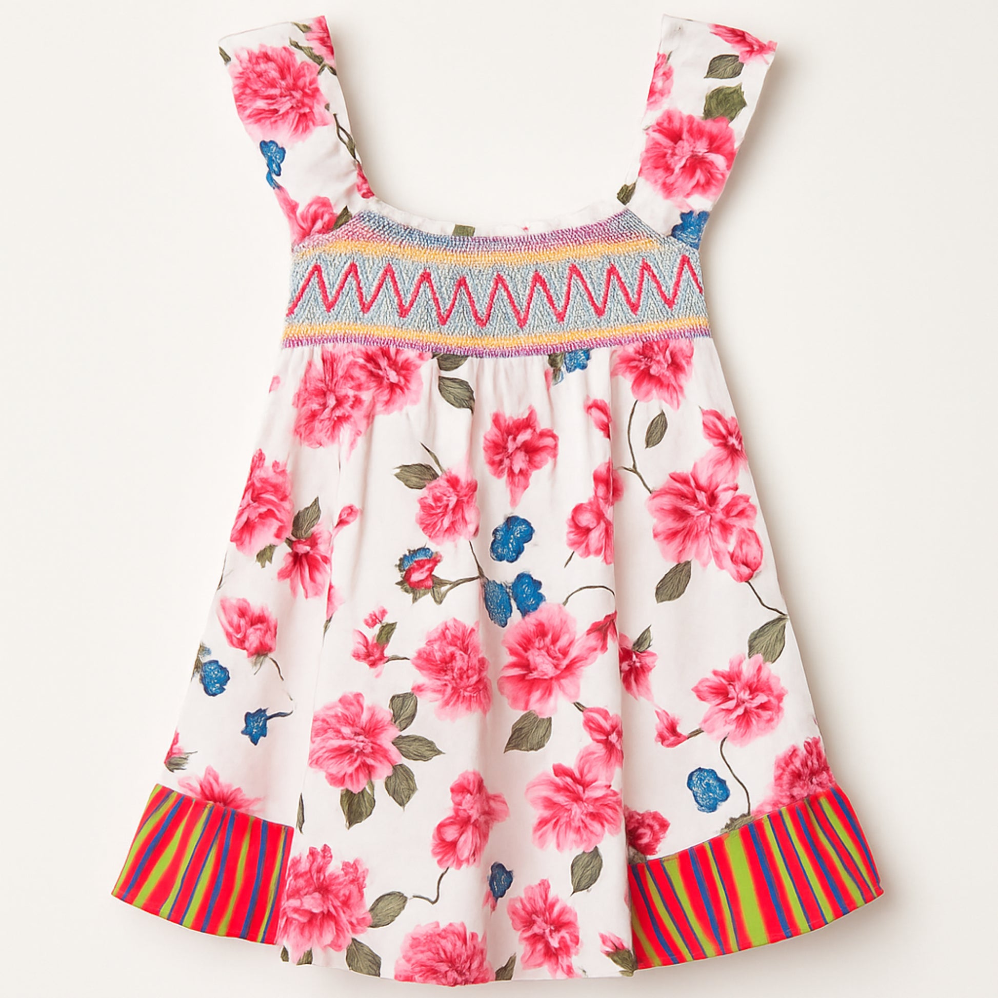 Meisjes zomerjurk met bloemenprint – wit met roze bloemen en gestreepte zoom