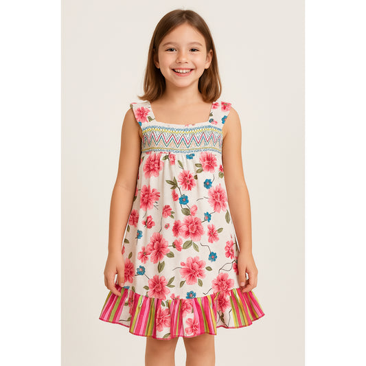Meisjes zomerjurk met bloemenprint – wit met roze bloemen en gestreepte zoom