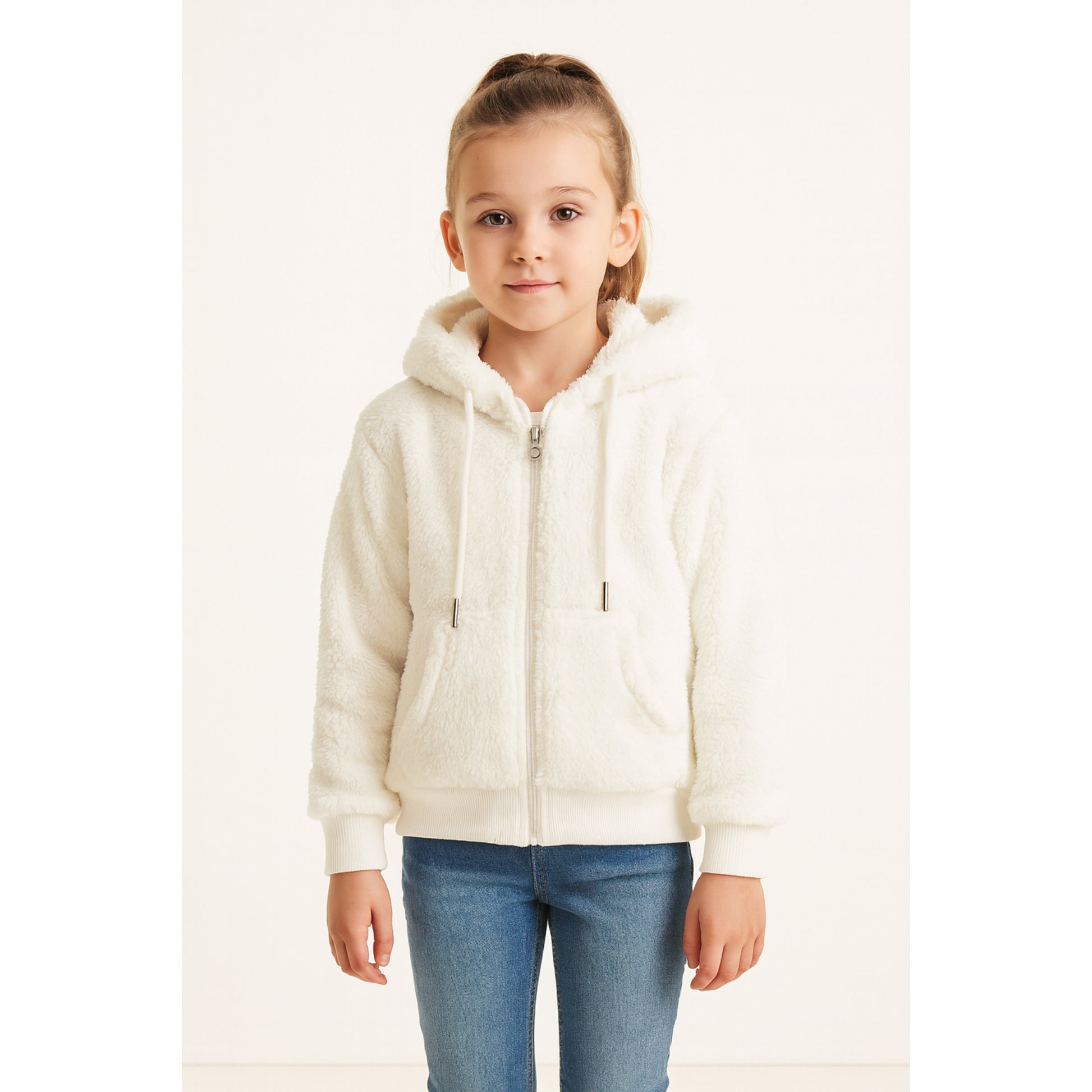 Meisjes hoodie met rits – teddy fleece wit of zwart