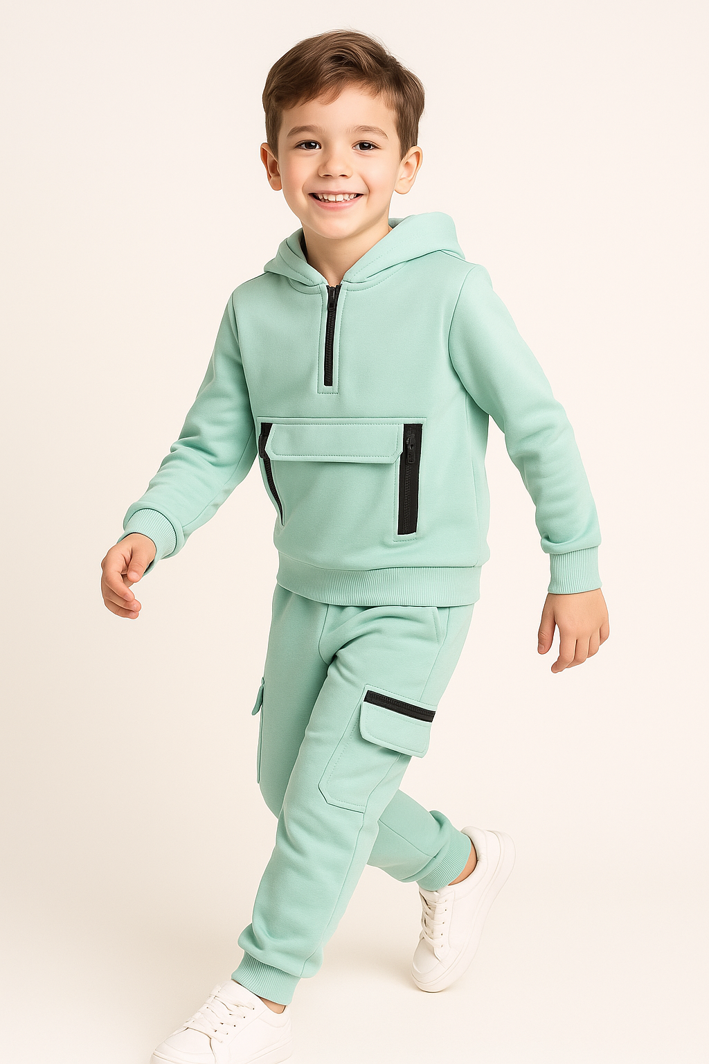 Jongens joggingpak mintgroen – hoodie met rits & cargobroek
