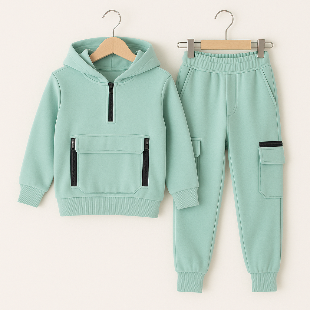 Jongens joggingpak mintgroen – hoodie met rits & cargobroek