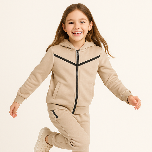 Meisjes joggingpak beige – hoodie met rits en sportieve broek