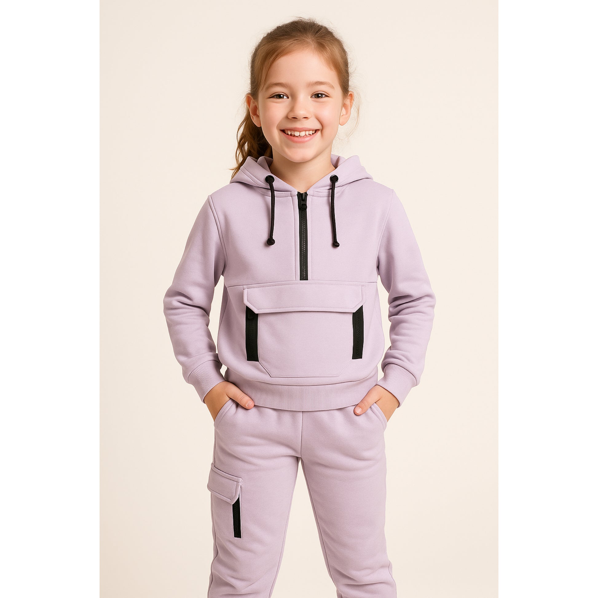 Meisjes joggingpak lila – hoodie met rits en cargobroek