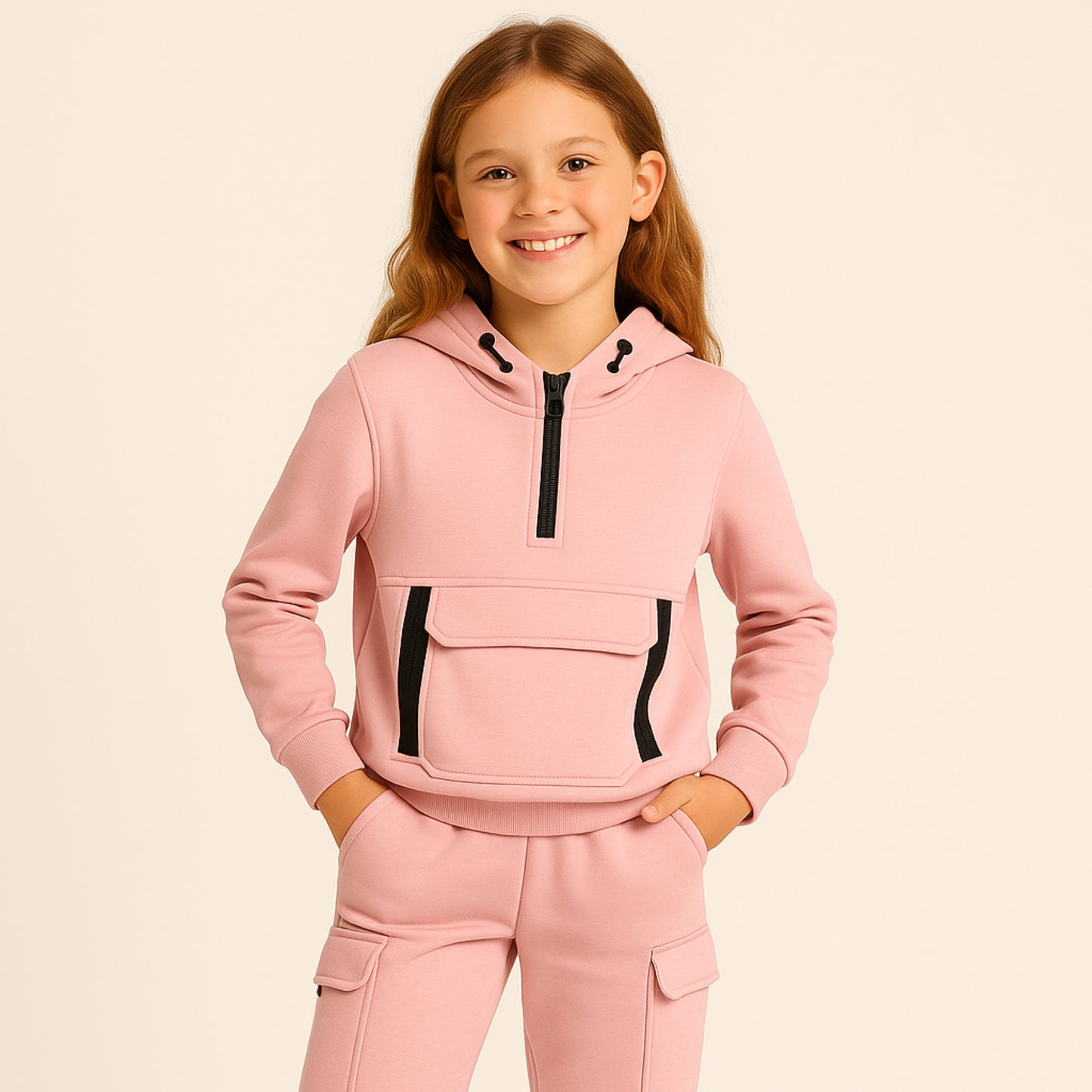 Meisjes joggingpak lila – hoodie met rits en cargobroek
