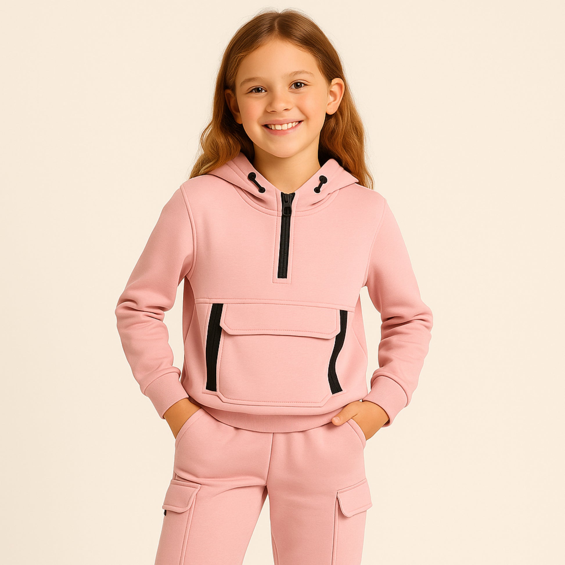 Meisjes joggingpak lila – hoodie met rits en cargobroek