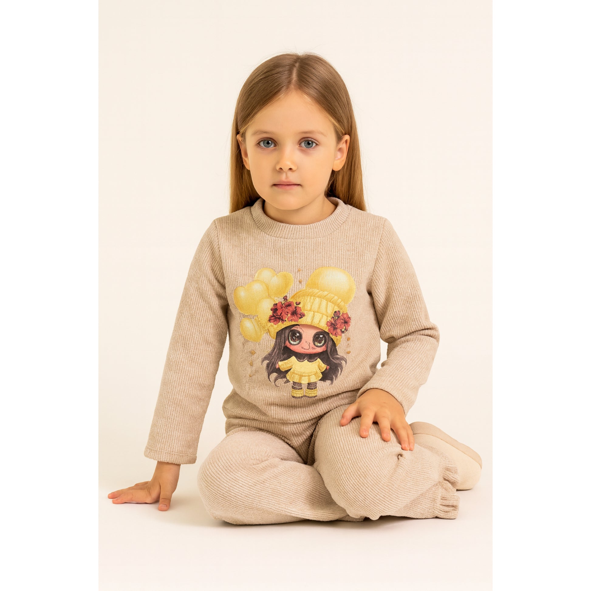 Meisjes set beige – 2-delig met schattige print en ruffle broekspijpen