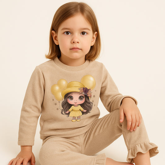 Meisjes set beige – 2-delig met schattige print en ruffle broekspijpen
