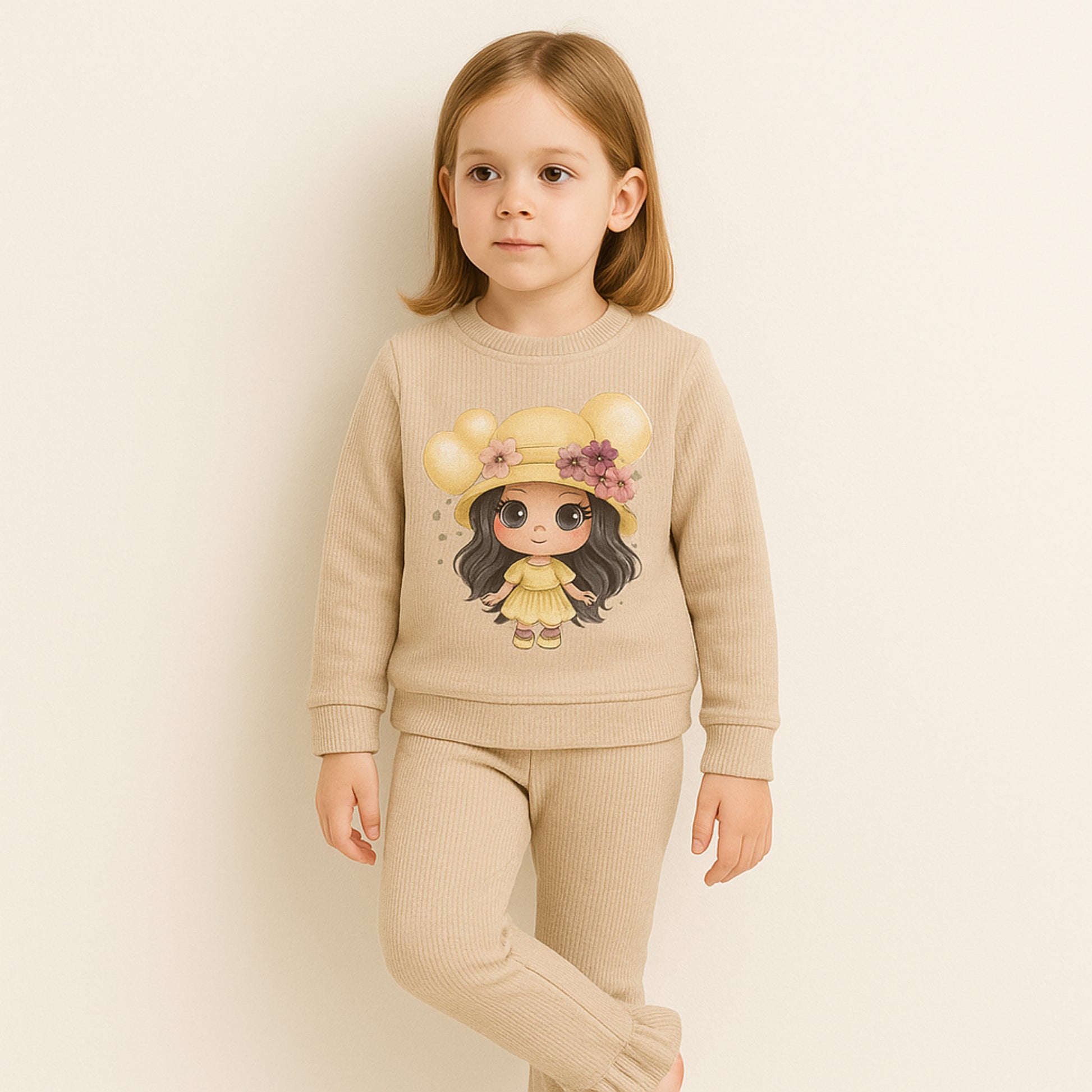 Meisjes set beige – 2-delig met schattige print en ruffle broekspijpen