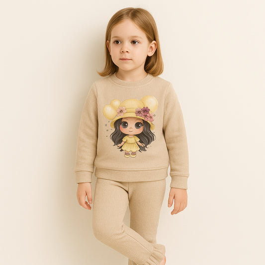 Meisjes set beige – 2-delig met schattige print en ruffle broekspijpen