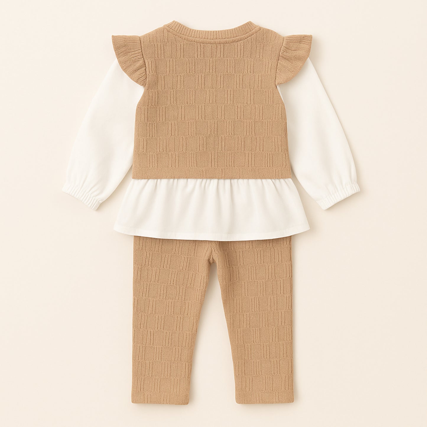Mädchen Set Beige – Oberteil mit Rüschenärmeln & Tasche