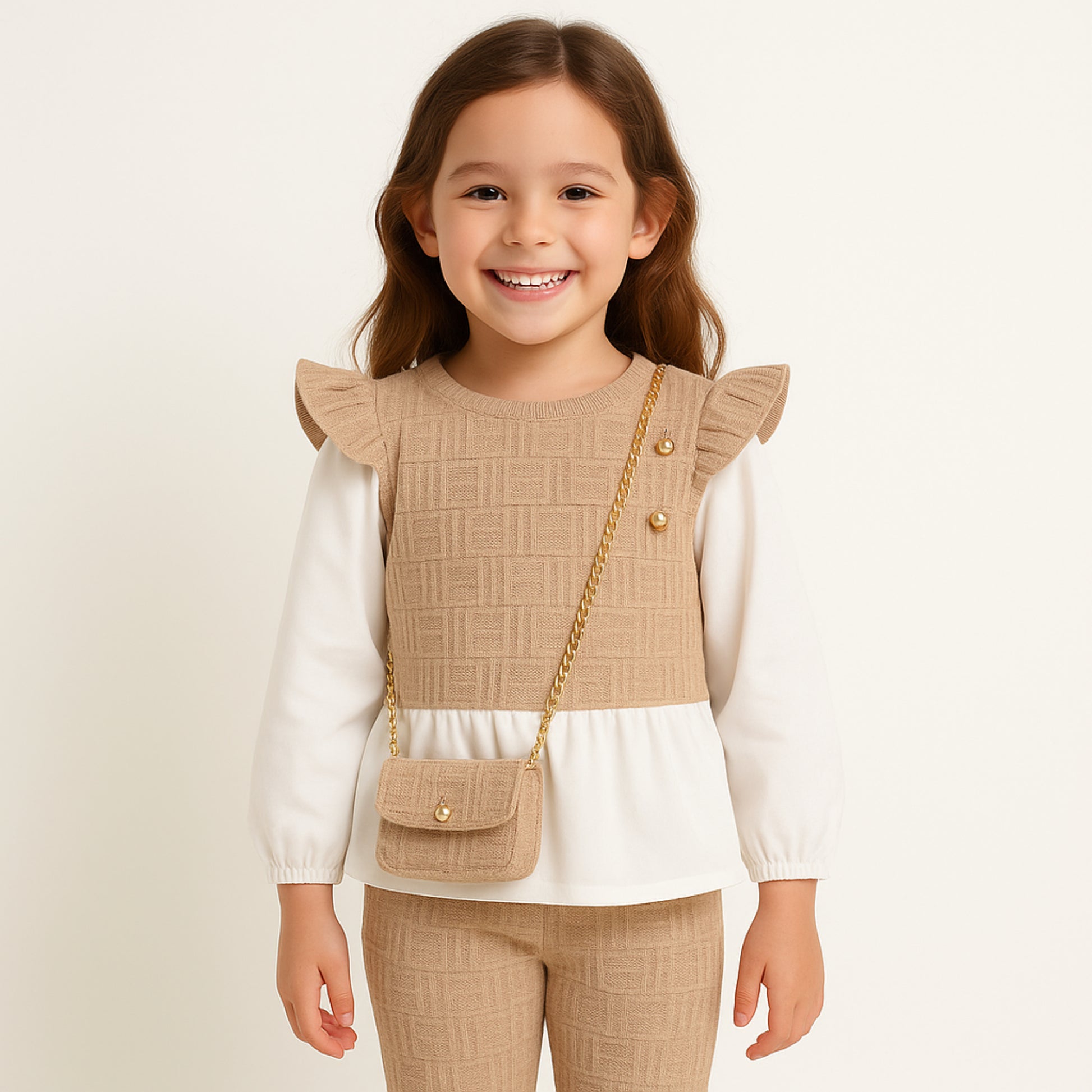 Mädchen Set Beige – Oberteil mit Rüschenärmeln & Tasche