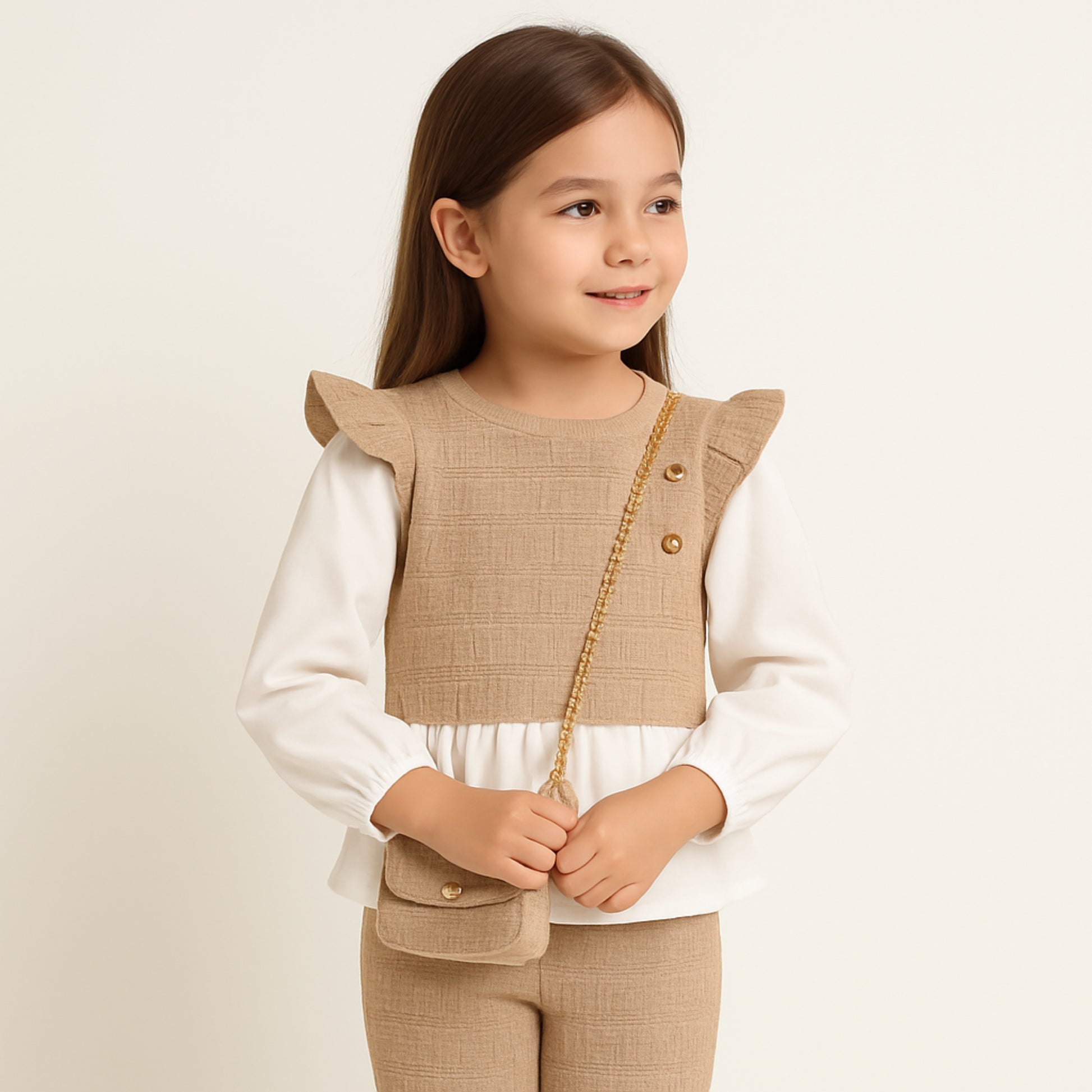 Mädchen Set Beige – Oberteil mit Rüschenärmeln & Tasche
