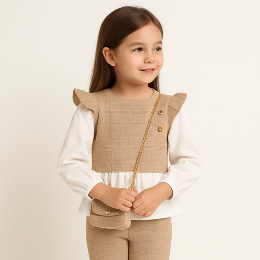 Mädchen Set Beige – Oberteil mit Rüschenärmeln & Tasche
