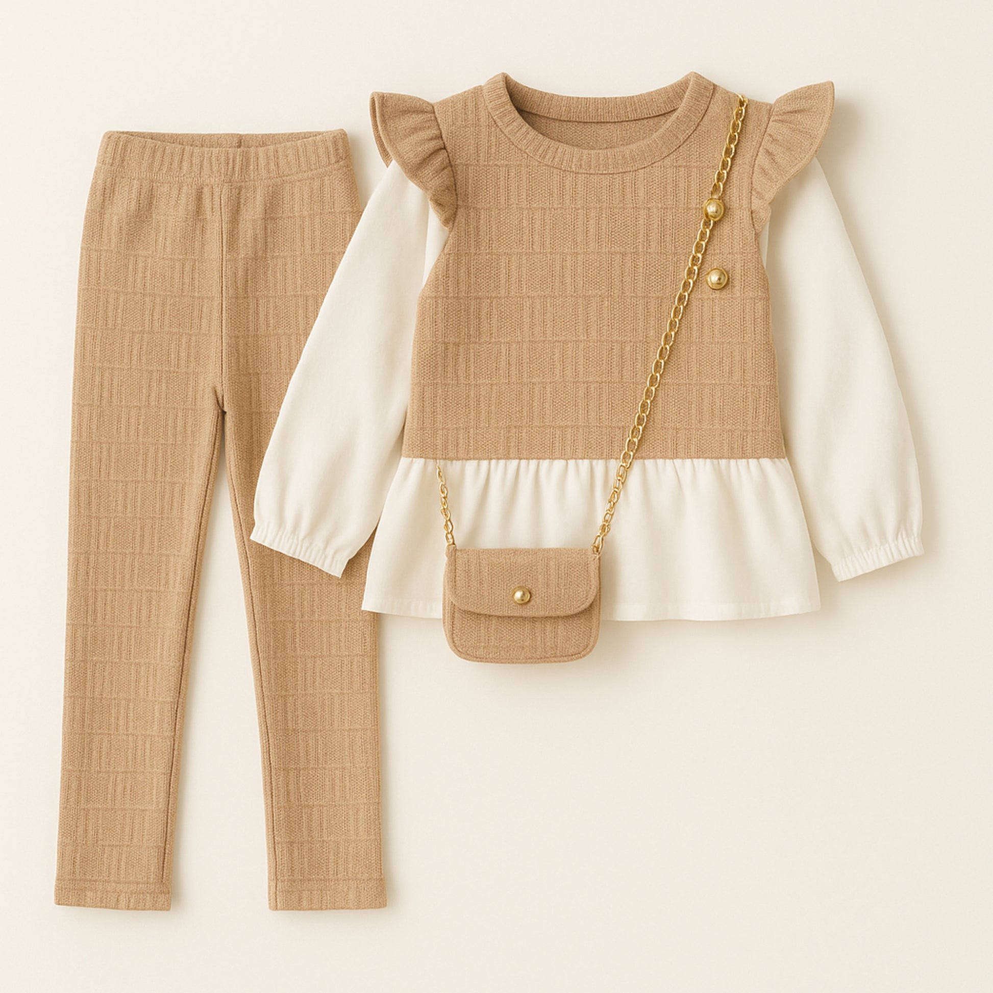 Mädchen Set Beige – Oberteil mit Rüschenärmeln & Tasche