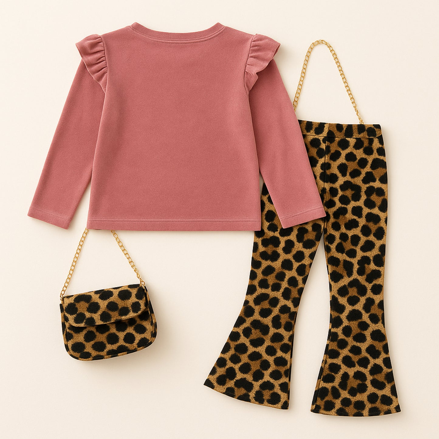 Meisjes outfit – roze velvet top met print en leopard flared broek