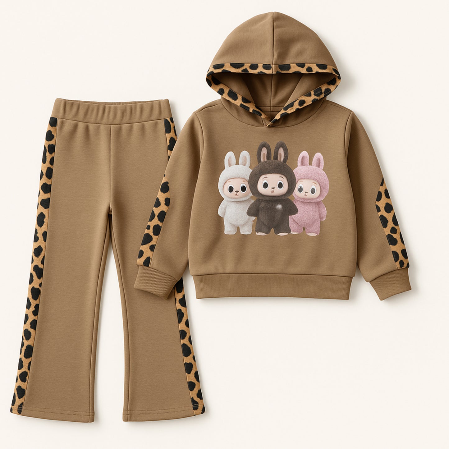 Meisjes joggingpak bruin – hoodie met konijnenprint en leopard details