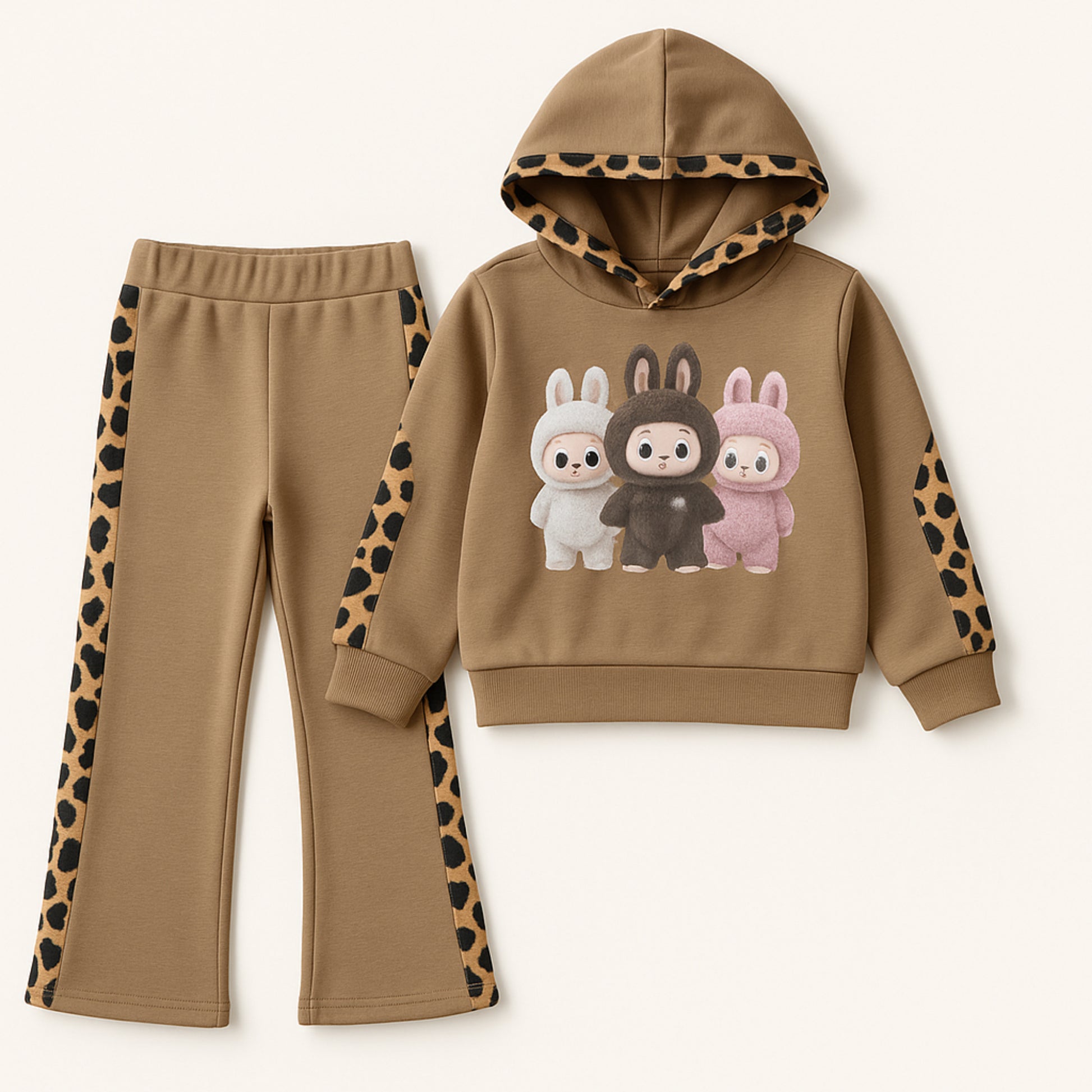 Meisjes joggingpak bruin – hoodie met konijnenprint en leopard details