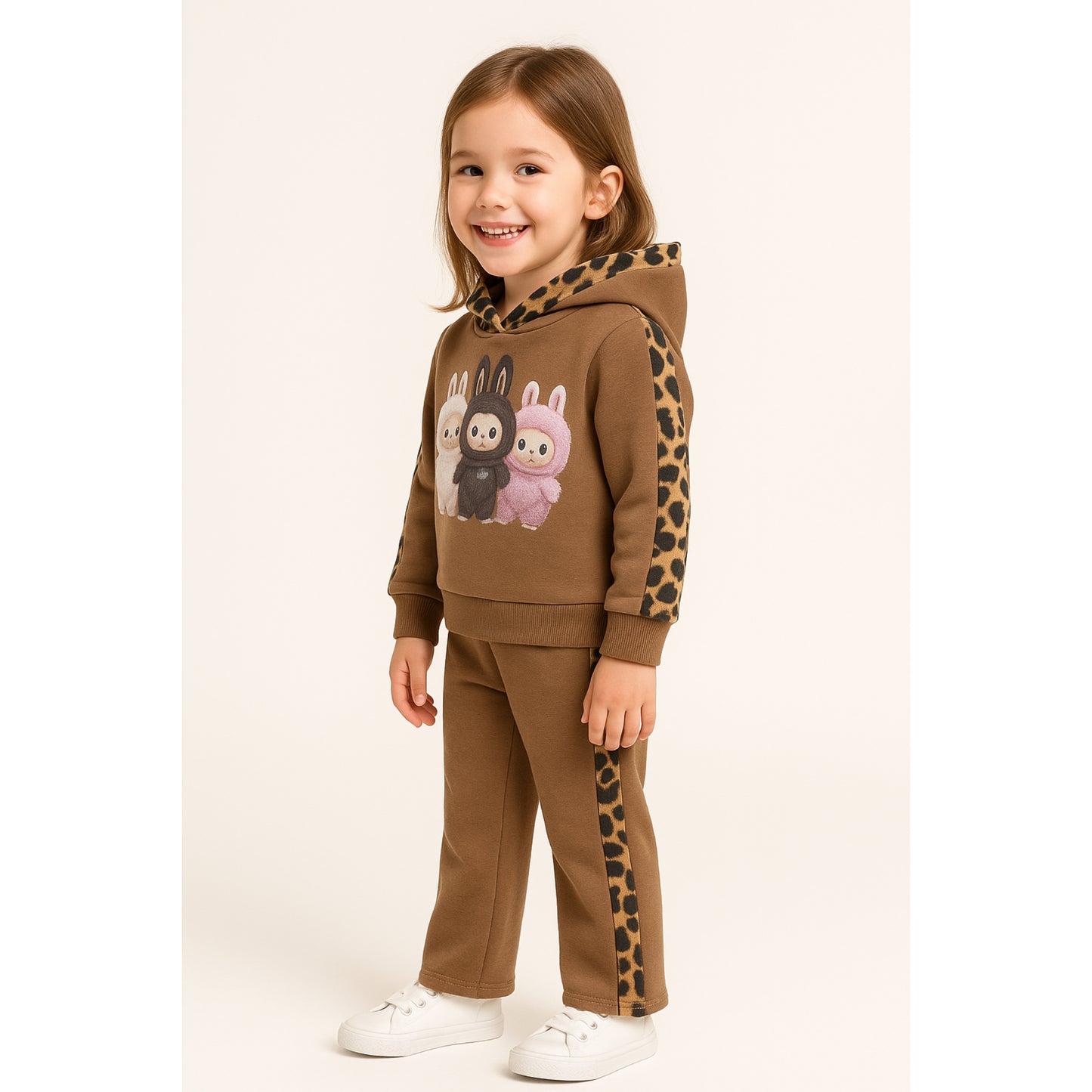 Meisjes joggingpak bruin – hoodie met konijnenprint en leopard details