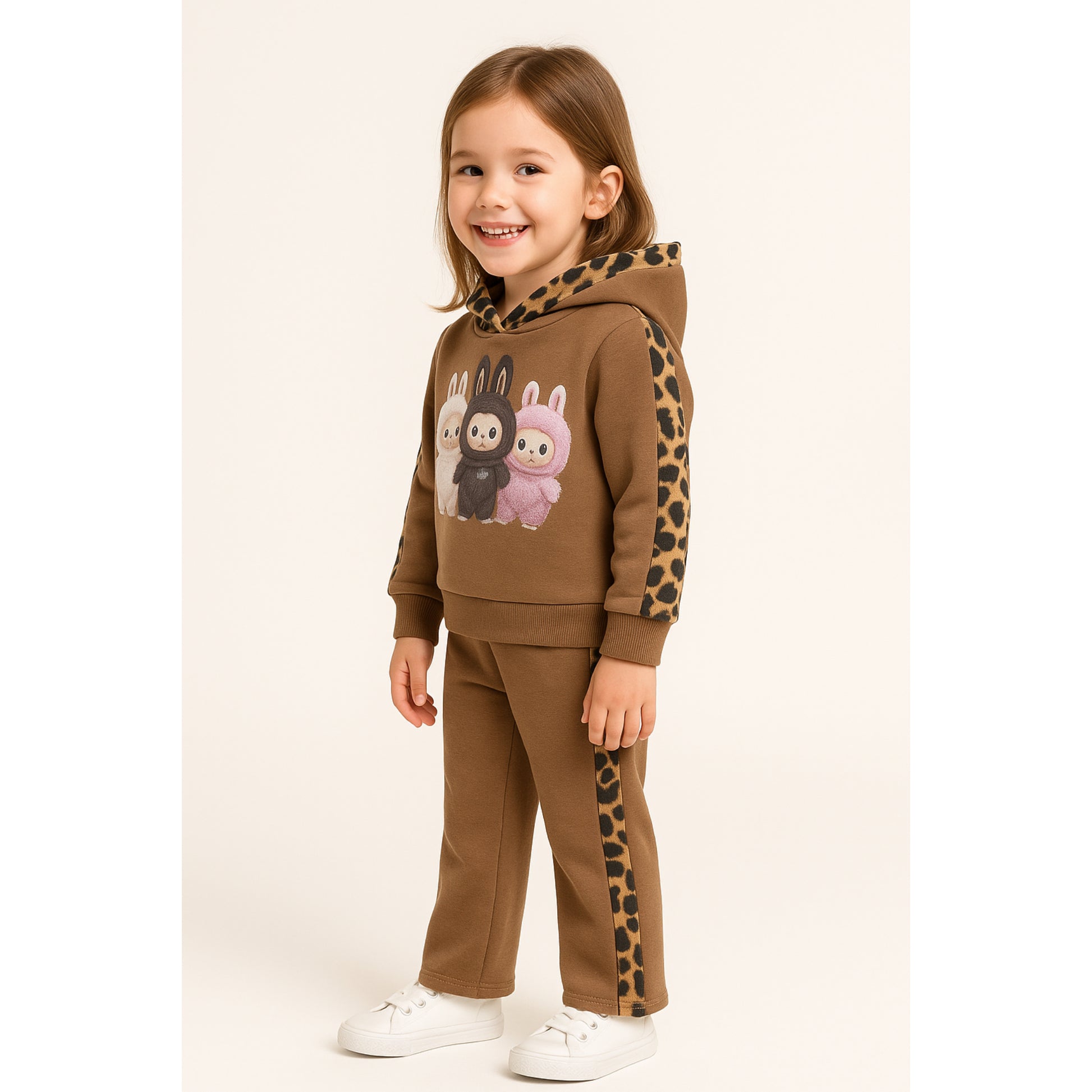 Meisjes joggingpak bruin – hoodie met konijnenprint en leopard details