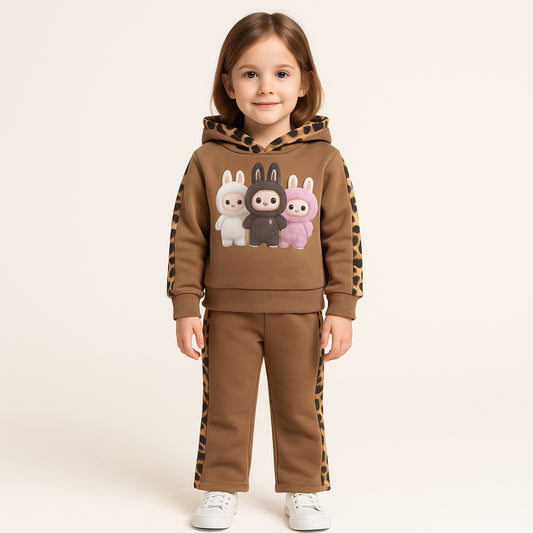 Meisjes joggingpak bruin – hoodie met konijnenprint en leopard details