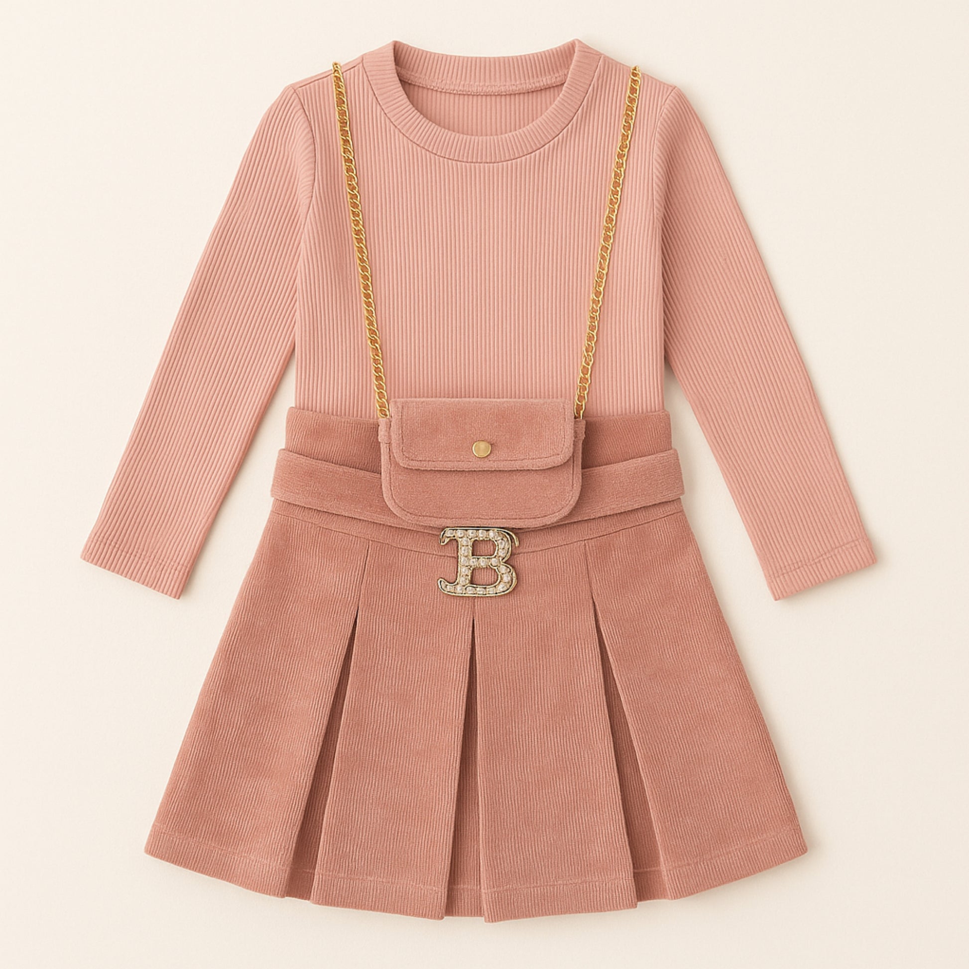 Meisjes set roze – plooirok met gouden details en bijpassend tasje