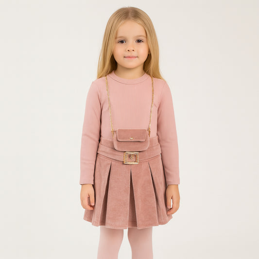 Meisjes set roze – plooirok met gouden details en bijpassend tasje