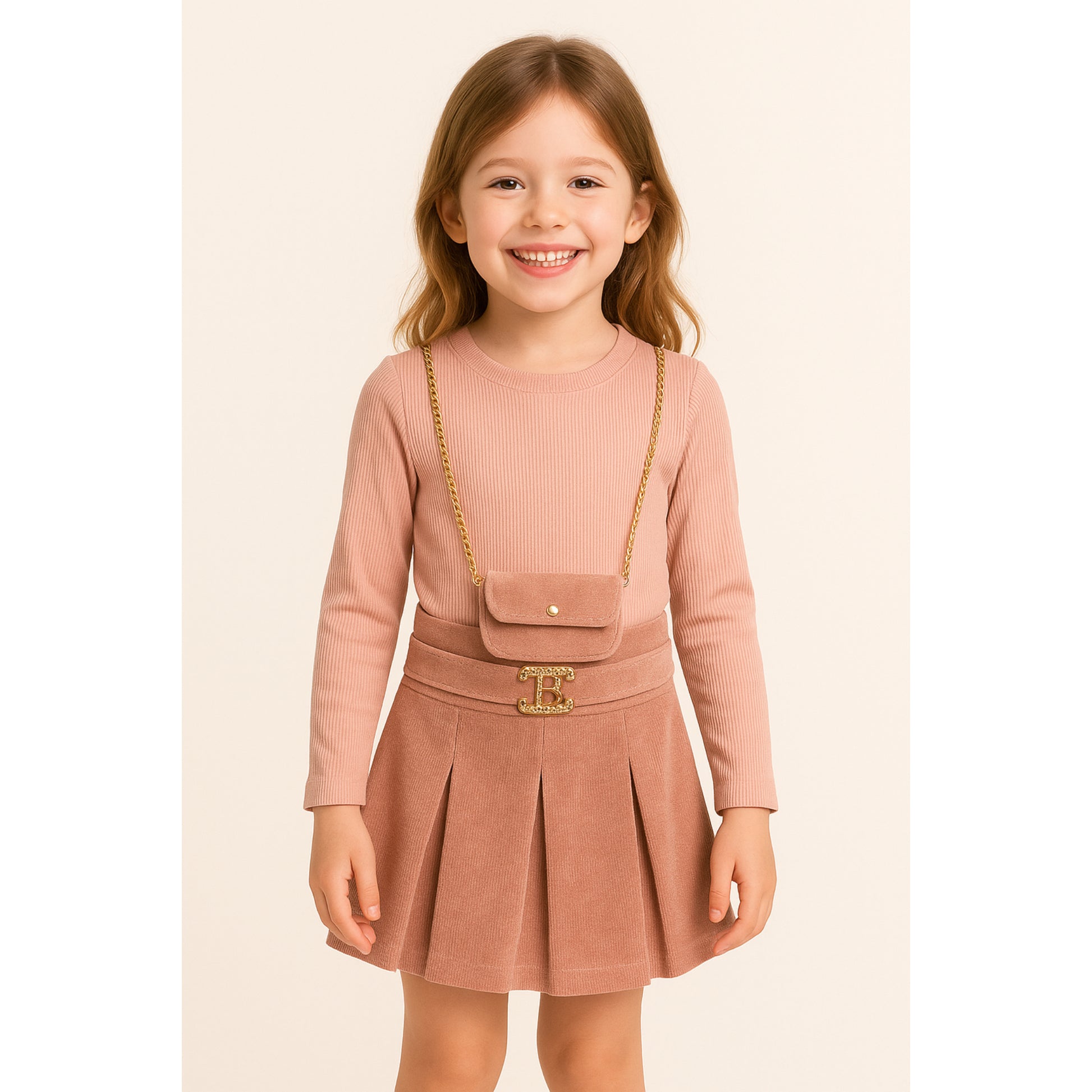 Meisjes set roze – plooirok met gouden details en bijpassend tasje