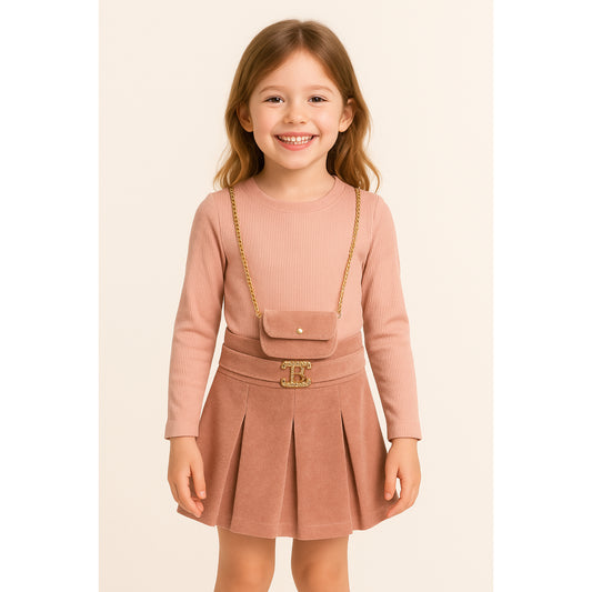 Meisjes set roze – plooirok met gouden details en bijpassend tasje