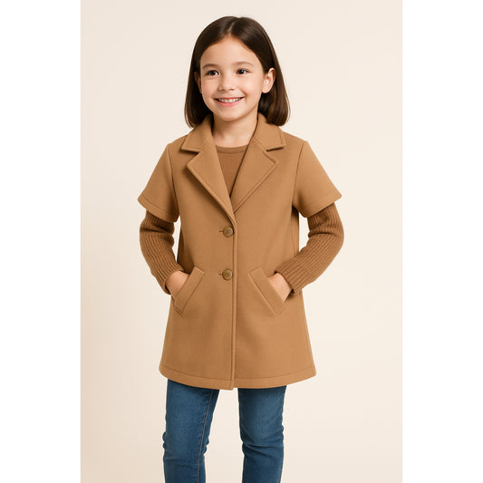 Meisjes jas beige – korte mouwen met gouden knopen en zakken