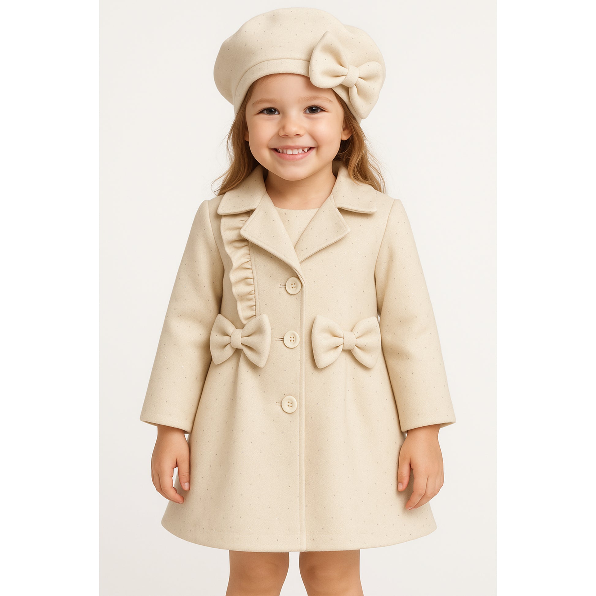 Meisjes mantel met strik – elegant zwart of crème met bijpassende baret