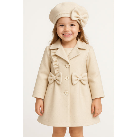 Meisjes mantel met strik – elegant zwart of crème met bijpassende baret