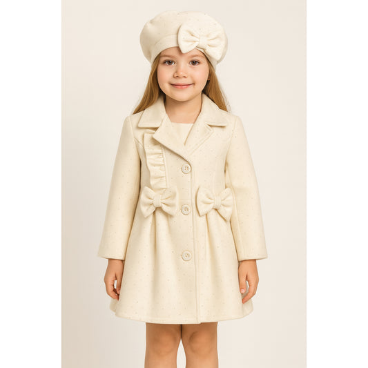 Meisjes mantel met strik – elegant zwart of crème met bijpassende baret