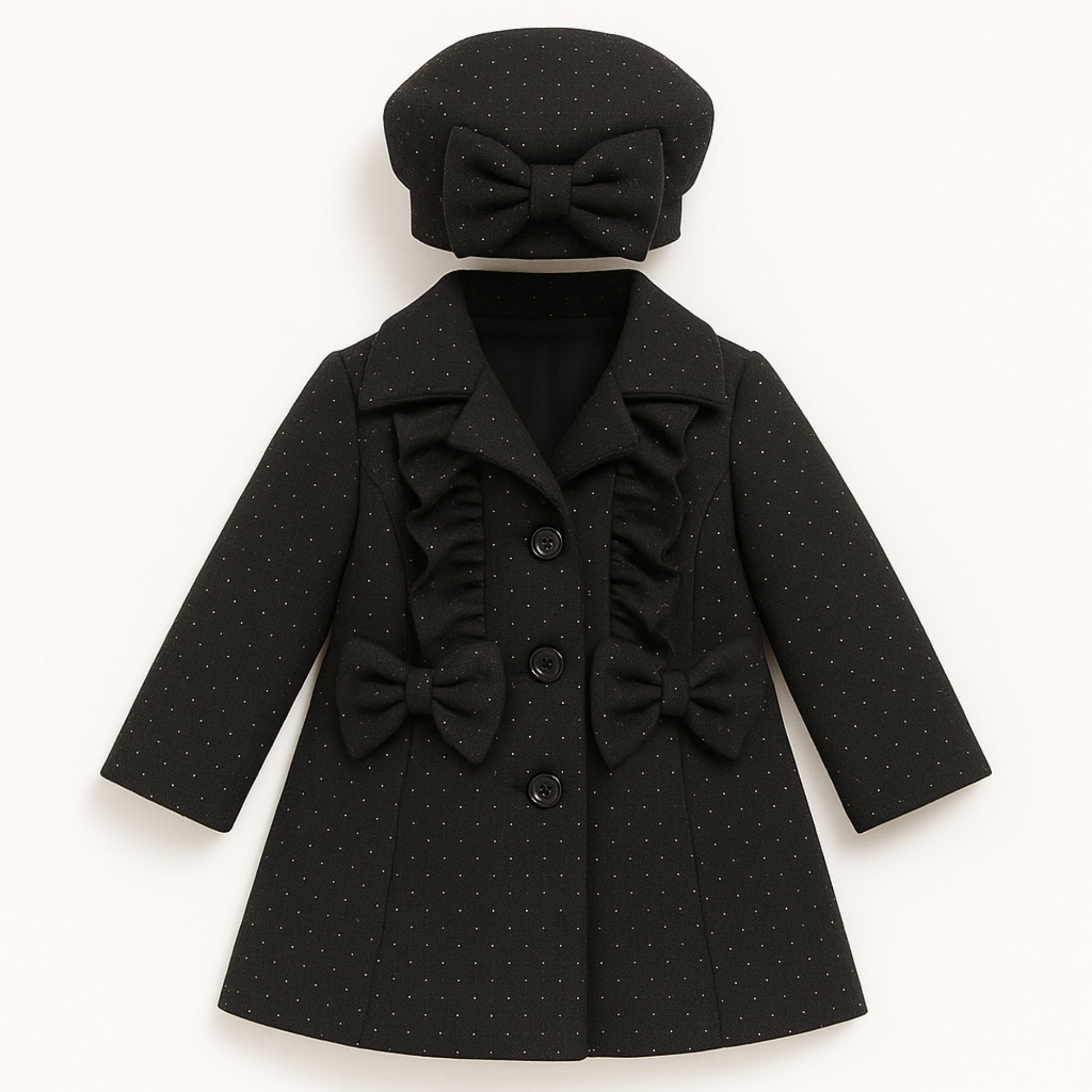 Meisjes mantel met strik – elegant zwart of crème met bijpassende baret