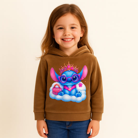 Kinder hoodie bruin – met blauwe cartoon figuur en kroon print